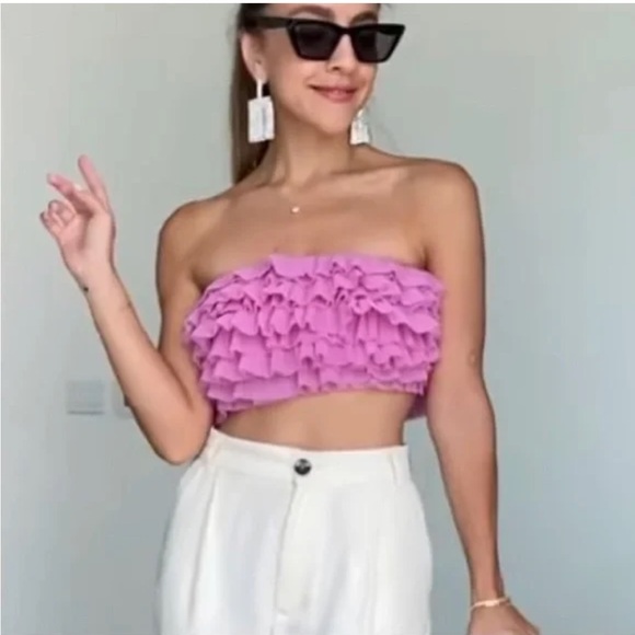 ZARA NWT Organza Bandeau Ruffled Top - Picture 2 of 3